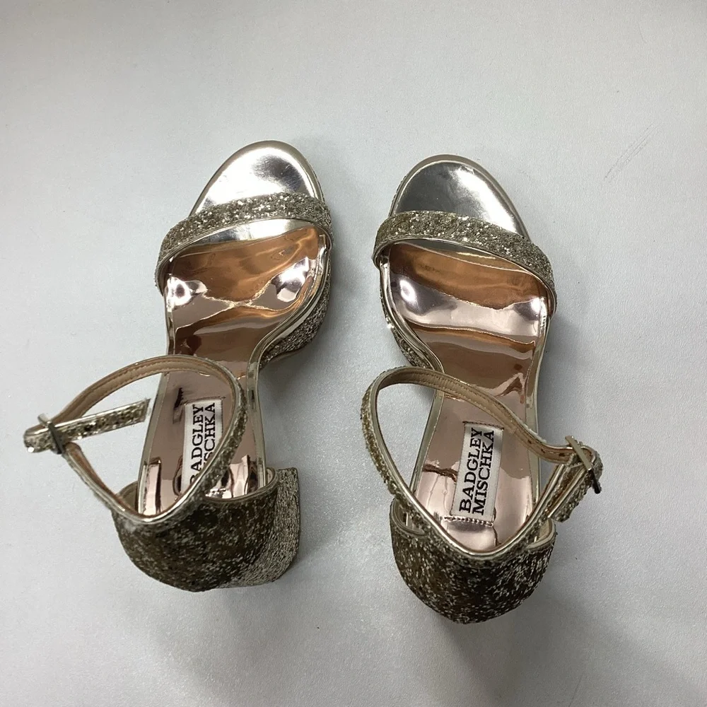 Badgley Mischka Party Platform Block Heel in‎ Gold Silver Glitter - Picture 5 of 16
